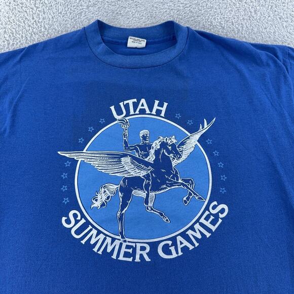 Vintage Utah Summer Games Shirt Mens M Blue Pegasus Torch Track Sports 80s - Picture 1 of 8
